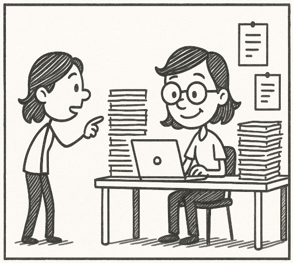 generated by ChatGPT: In the same style, can you draw a comic of Brenda who has lots of old data and works with that? image