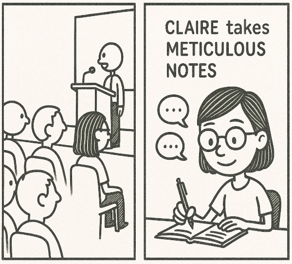 generated by ChatGPT: In the same style, can you draw a comic of Claire who attends lots of conferences and takes meticulous notes? image